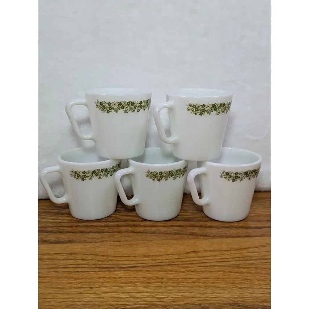 VTG Pyrex Spring Blossom Green Crazy Daisy Coffee Mugs Milk Glass Set 5
